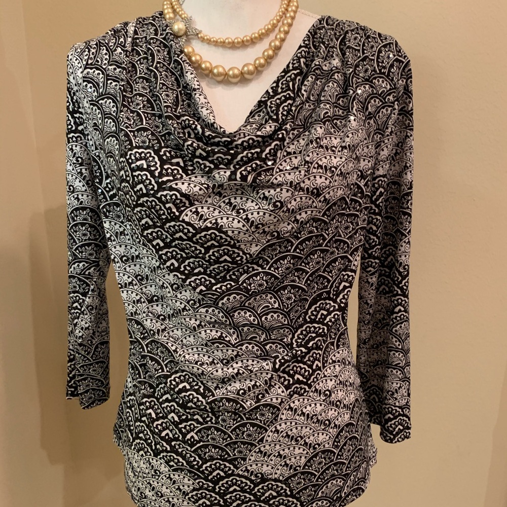 S Levine Black and White Paisley Top with Sequin